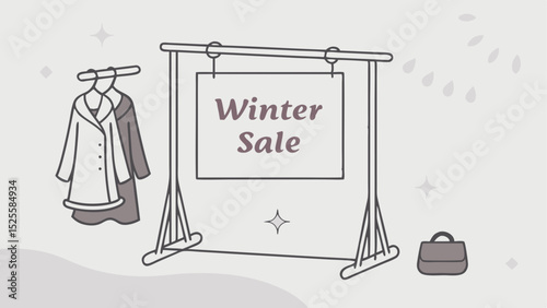 Vector illustration of a retail display for a winter sale featuring clothing and promotional signage