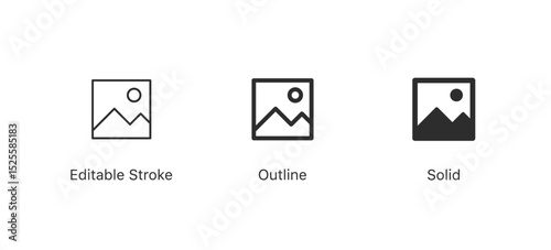 photo album icon, set of image gallery iconsin editable stroke, outline, and solid styles. media, photos, picture vector icons