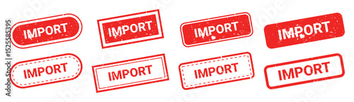 Set of red grunge rubber stamps with text IMPORT isolated on transparent background. Global trade bans, government restrictions, USA tariffs, financial blockade, economic war, political conflicts