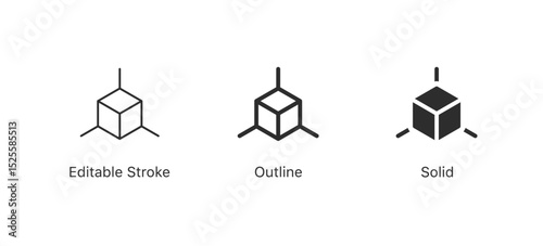 Set of cube icons representing 3D geometry, structure, architecture, technology, or design projects. Ideal for tech, data, modeling. in editable stroke, outline, and solid styles