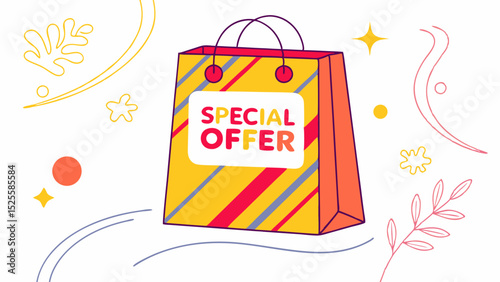 Colorful vector illustration of a shopping bag with a special offer label for marketing purposes