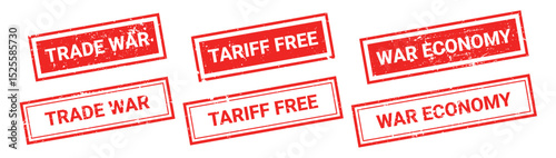 Set of red grunge rubber stamps with text TRADE WAR, TARIFF FREE, WAR ECONOMY. Trade bans, geopolitical conflicts, tariffs, embargo. Stumped text isolated on transparent background, vector elements