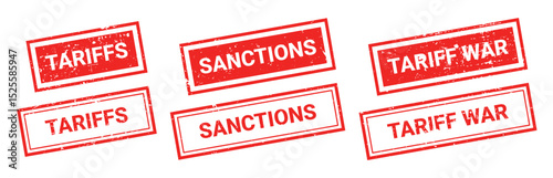 Set of red grunge rubber stamps with text TARIFFS, SANCTIONS, TARIFF WAR. Trade bans, geopolitical conflicts,USA tariffs, embargo. Stumped text isolated on transparent background, vector elements