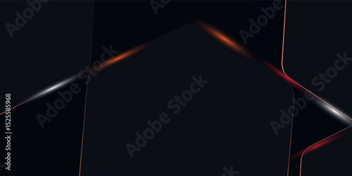 Dark hexagon abstract technology background with orange and white colored bright flashes under hexagon. Hexagonal gaming vector abstract tech futuristic wide banner.