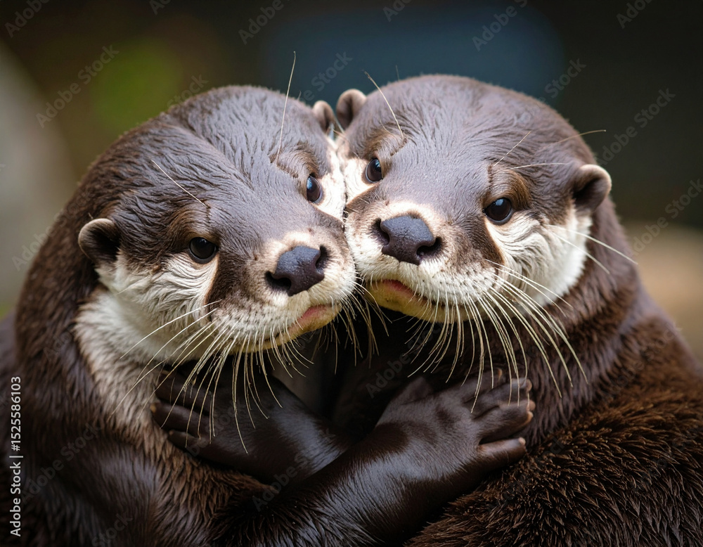 Obraz premium Two adorable otters lovingly embrace each other with their paws while gently touching noses, creating a heartwarming scene of affection and connection in the wild.