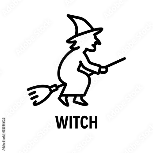 Witch line icon with broomstick and hat representing Halloween or magical folklore character