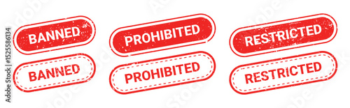 Set of red grunge rubber stamps with text BANNED, PROHIBITED, RESTRICTED isolated on transparent background. Global trade bans, government restrictions, tariffs, financial blockade, economic warfare