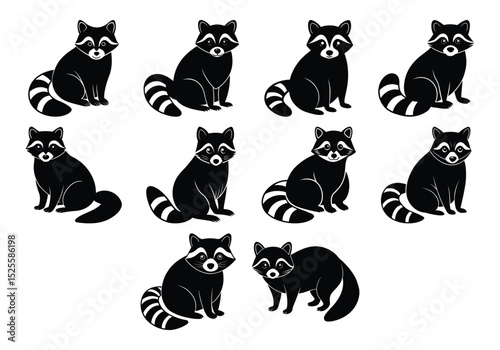 Raccoon silhouette set vector design big pack of animal illustration and icon