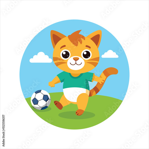  Happy Cat Playing Football on Green Field Vector