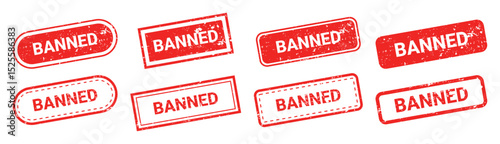 Set of red grunge rubber stamps with text BANNED isolated on transparent background. Global trade bans, government restrictions, USA tariffs, financial blockade, economic war, political conflicts