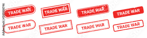 Set of red grunge rubber stamps with text TRADE WAR isolated on transparent background. Global trade bans, government restrictions, USA tariffs, financial blockade, economic war, political conflicts