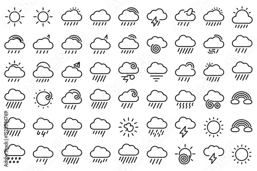 Seamless weather forecast icon set with sun, cloud, rain, snow, and wind symbols