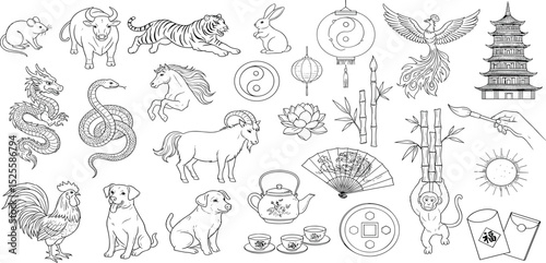 Chinese zodiac line icon set. Vector pictograms of tiger, rabbit, dragon, snake, horse, goat, phoenix, monkey, pearl, lotus, pagoda thin linear illustration