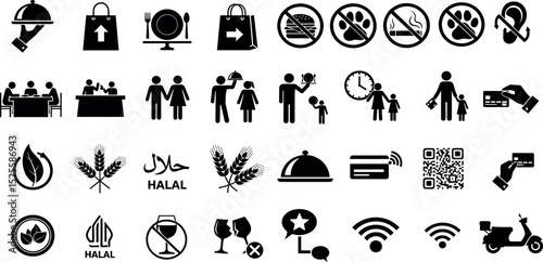 Restaurant navigation glyph icon set. Vector pictograms of service, menu, restroom, vegan, gluten, halal, alcohol, bell, delivery, black sign silhouette illustration.
