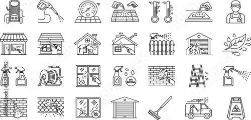 Power washing line icon set. Vector pictograms of washer machine, deck, patio, fence, siding, garage, window, ladder, roof, thin linear illustration