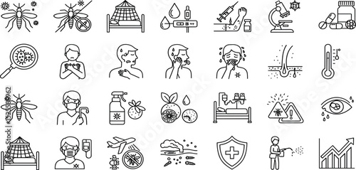 Mosquito borne diseases line icon set. Vector pictograms of virus, fever, rash, malaria, dengue, test, vaccine, injection, symptoms, spray, repellent, fumigation, thin linear illustration