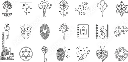  Unique, Individuality line icon set. Vector pictograms of personal identity, creativity, distinctiveness, highlighting diverse, self-expression, adaptation thin linear illustration