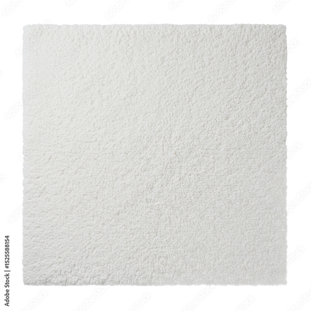 Fototapeta premium White rectangular cotton bath mat with plush fluffy texture and soft absorbent loops, unfolded flat on a transparent background in an isolated studio with bright even lighting, no shadows, commercial