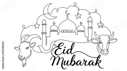 Cattle line drawing. cow, goat, sheep and camel. Eid al-Adha concept, the celebration of Muslim community festival design. Eid Mubarak greetings concept.
