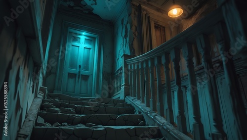 A crumbling, dimly lit stairway with worn, rusty railings and cracked stone steps ascends to a mysterious, worn wooden door with peeling paint and rusty hinges created with generative ai