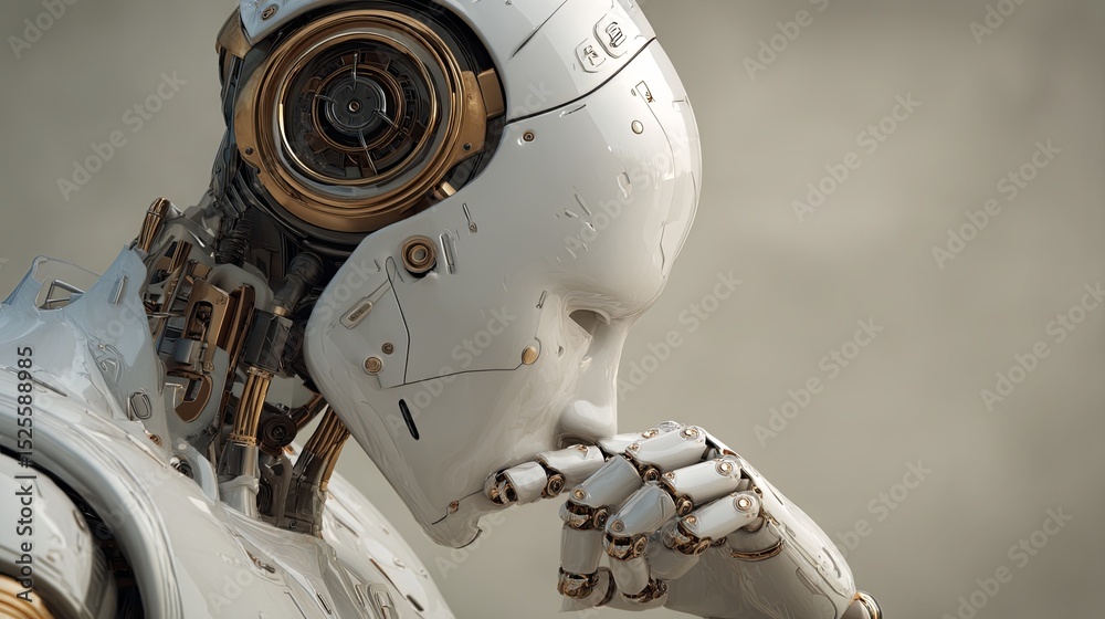 Fototapeta premium Futuristic humanoid robot pondering with paper in hand
