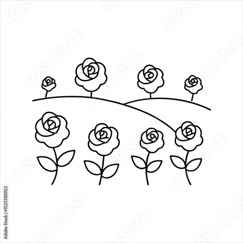 Romantic Red Rose Field Line Art Vector