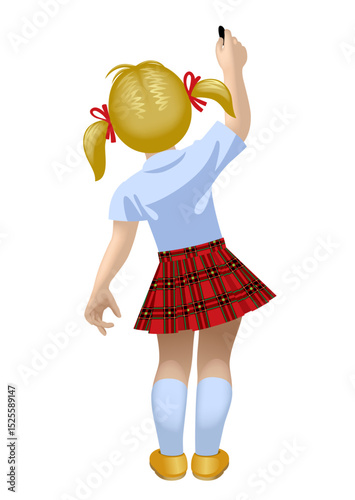 Little girl in school uniform standing on tiptoes with her back to the viewer and writing with her hand raised up isolated on white. Vector illustration in 
3d style