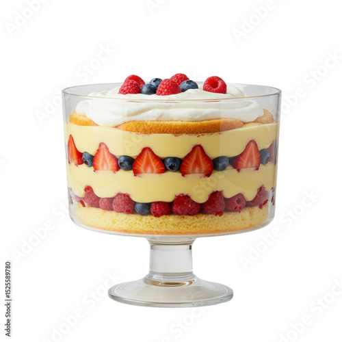 Classic British trifle with visible mixed berries, creamy custard, whipped cream, and sponge cake in a clear footed glass bowl on a transparent seamless studio background with soft lighting.