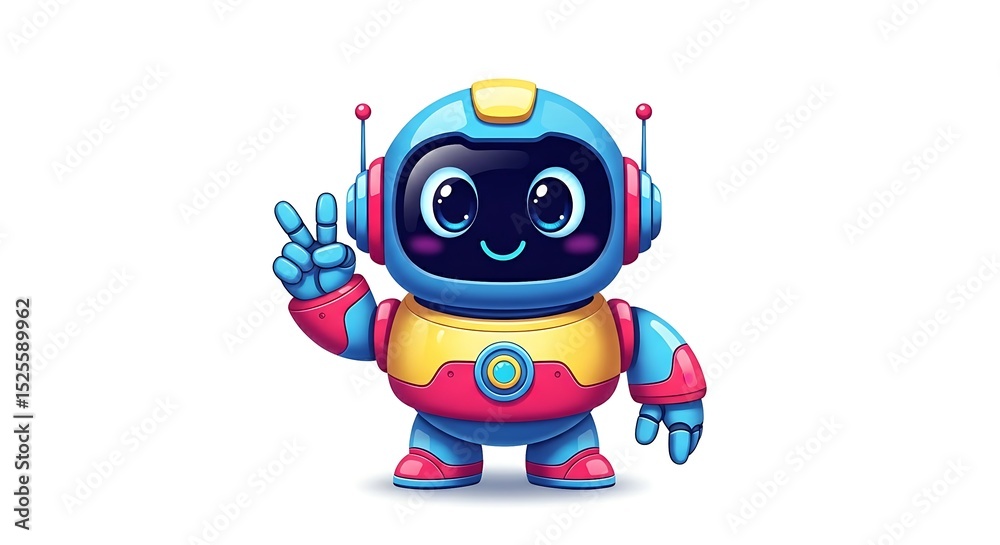Fototapeta premium Friendly cartoon robot with big eyes and round body making a peace sign. Futuristic cute character on white background.