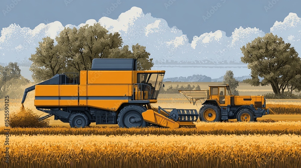 Obraz premium Yellow Harvester Truck Loading Crops on Field