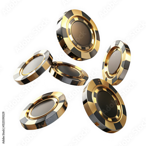 Luxury casino chips falling gold black isolated on transparent background