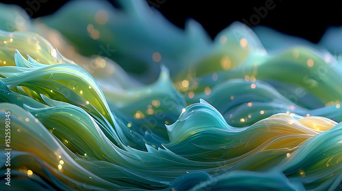 Freshness effect, blue air or wind flow with green leaves. Glow waves and swirls, wand trails, fresh menthol breath or detergent isolated on transparent background, Realistic 3d vector illustration