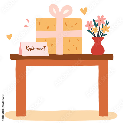 Happy retirement celebration with presents and cake. Greeting cards and wrapped gifts for retired person. Table full of retirement memories and joy. Elderly set