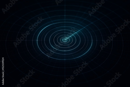 Futuristic radar screen with glowing blue concentric circles, digital sonar interface on dark background, high-tech navigation and tracking display