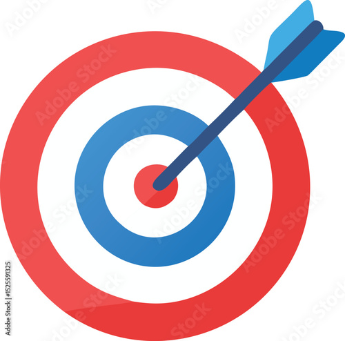 A single isolated flat design vector-style icon of a dart hitting the center of a target, symbolizing goal achievement.