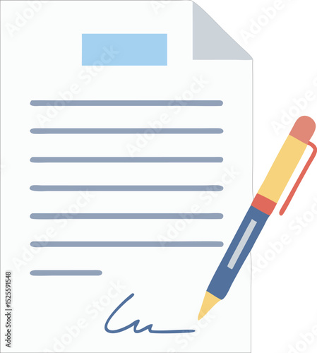 A single isolated flat design vector-style icon of a document with a signature or pen, representing business contract or agreement.