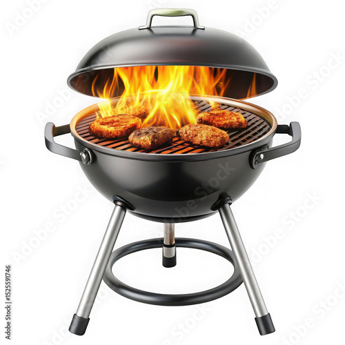 Grilled burgers on a kettle grill isolated on transparent background