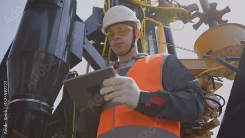 Concept smart online Industry, Offshore worker inspect with tablet drilling rig for exploration of minerals for oil, gas and artisan water.