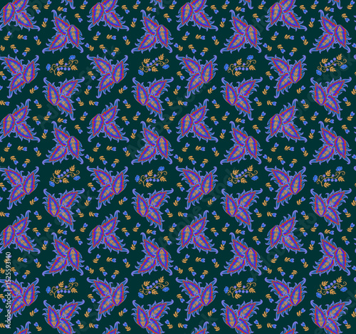 Motley folklore print for fabric with blue-red-yellow coleus leaves and small flowers, yellow leaves and branches with berries on a black background. Beautiful boho pattern for dress in ethnic style.