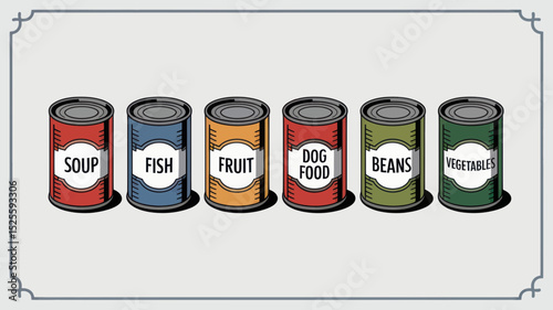Assorted Canned Goods Soup, Fish, Fruit, Dog Food, Beans, Mustard - Retro Illustration