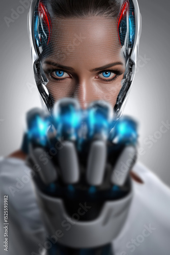 This close-up portrait showcases a female-like robot with realistic skin on her face and head, created by ai