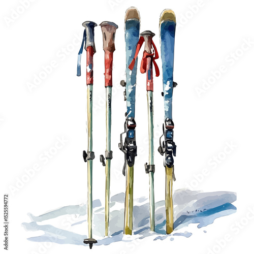 watercolor vector of Ski Poles, high quality, isolated on a white background.