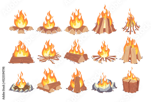 Camping bonfire cartoon set with burning firewood, stone fireplaces of different shape and forms,