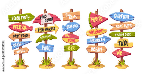 Beach signposts, direction road signs with cute creative arrows and lettering isolated cartoon set