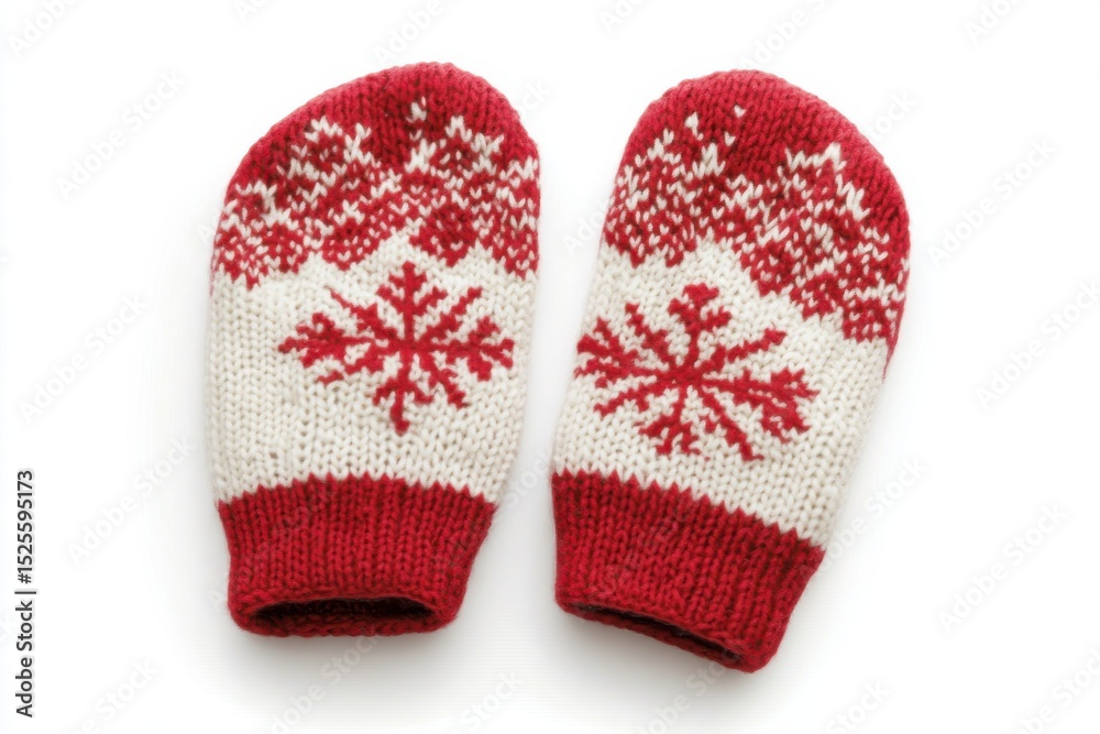 Red and white knitted mittens with snowflake pattern isolated on white background Red and white knitted mittens with snowflake pattern isolated on white background