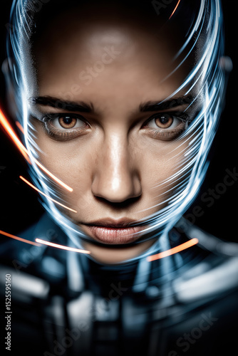 This close-up portrait showcases a female-like robot with realistic skin on her face and head, created by ai