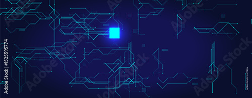 Technology Chip Circuit With Glowing Processor. Bright microchip element on futuristic digital background. Ideal for themes of AI, innovation, computing. Vector illustration