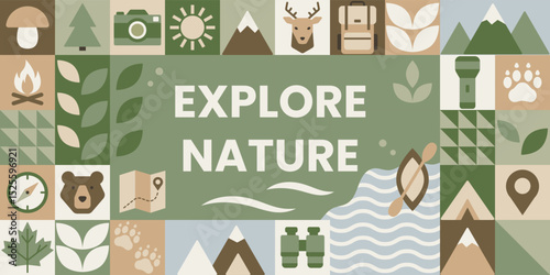 Flat vector illustration featuring outdoor and nature icons with Explore Nature text, ideal for travel or camping themes.