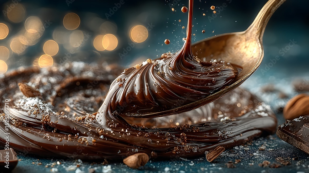 Fototapeta premium Melting Dark Chocolate Pouring onto Spoon with Bokeh Lights