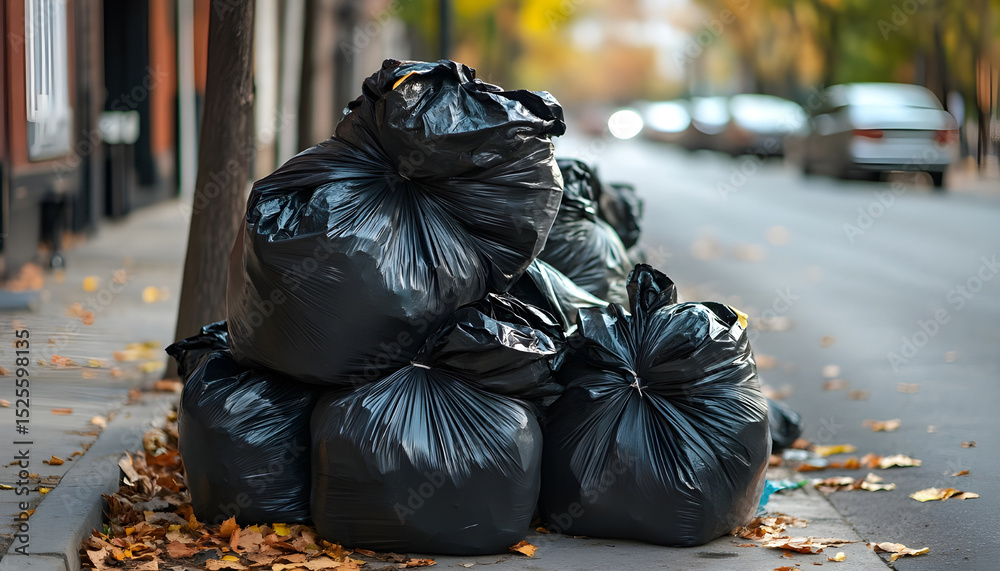 Fototapeta premium Black garbage bags piled on the sidewalk in an urban environment, contributing to pollution